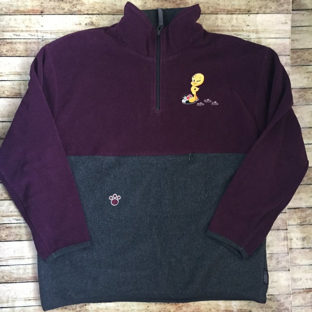 Vintage Y2K Looney Tunes Tweety Bird Gray & Purple Pullover Fleece Sweater L